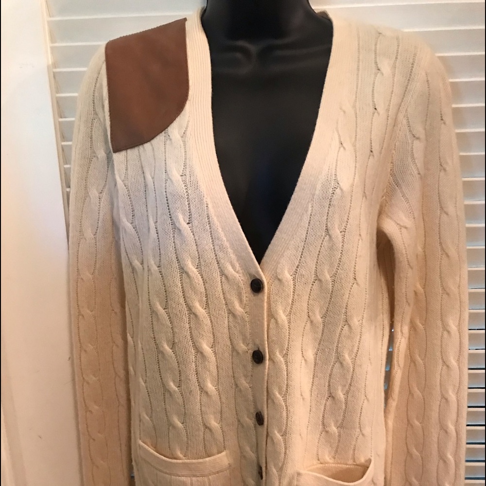 Ralph Lauren Cream Cable Knit Cardigan with Brown Accent